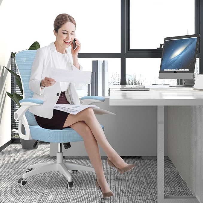 naspaluro Home Office Desk Chair Mid Back with Adjustable Height Blue | Comfy Ergonomic Chair with Flip-Up Arm and Lumbar Support, Breathable Mesh Swivel Computer Chair for Study Working Teacher