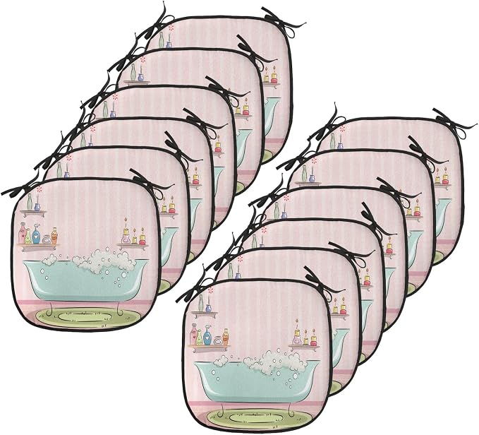 Lunarable Feminine Chair Cushion Pads Set 12, Illustration of a Bathtub with Bubbles in Girly Room Aroma Oil Aromatherapy, Anti-Slip Seat Padding for Kitchen & Patio, 16"x16", Pink and Blue