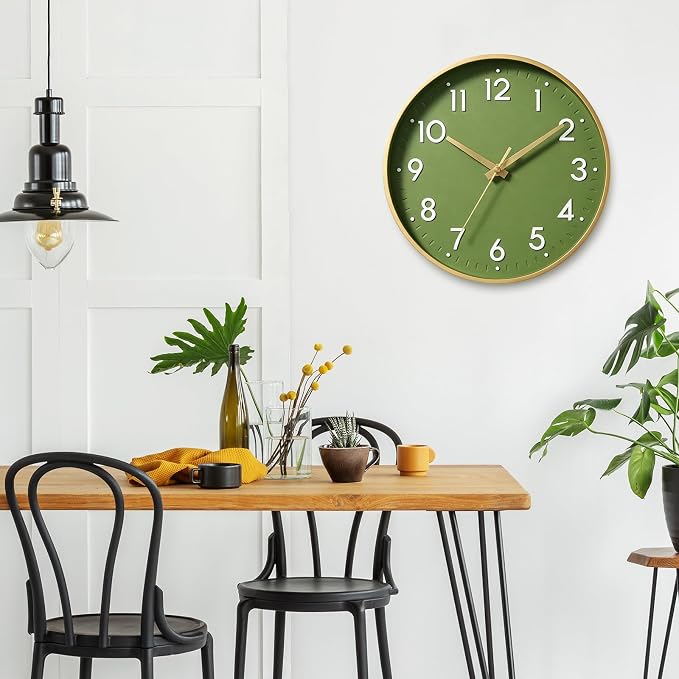 Mosewa 10 Inch Wall Clock Battery Operated Silent Non Ticking Analog | Olive green & gold modern clock; oversized 3D easy-read dial for kitchen, bedroom & office; 1 AA battery (not included)