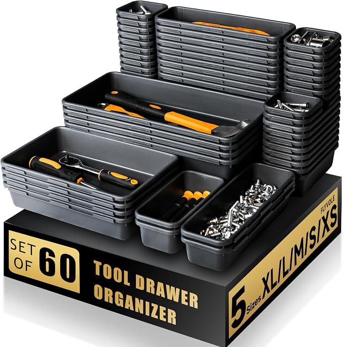 Tool Box Organizer Tray, 60 PCS & 5 Sizes, Black | Durable ABS Plastic Toolbox Desk Drawer Organizer, Interlocking Design, Toolbox Organization Storage for Rolling Tool Chest