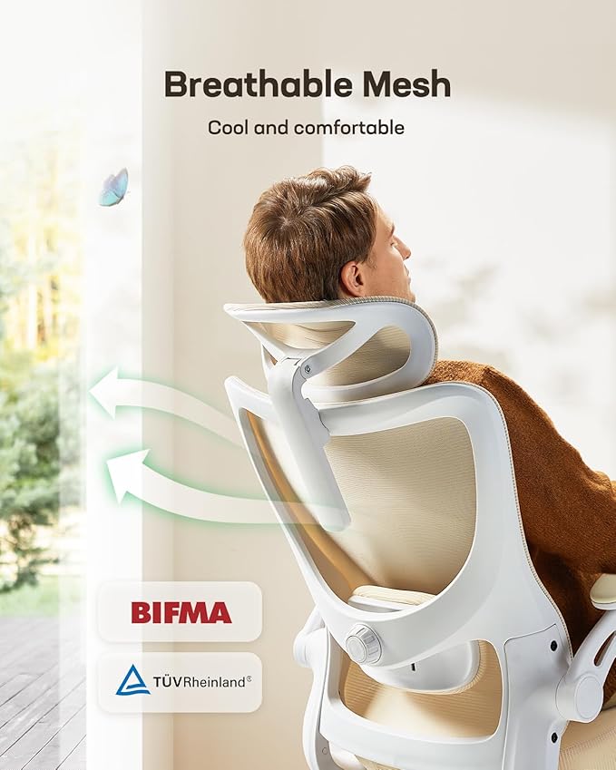 Marsail Ergonomic Office Chair: Office Computer Desk Chair with High Back Mesh and Adjustable Lumbar Support Rolling Work Swivel Task Chairs with Wheel 3D Armrests and Headrest (White)
