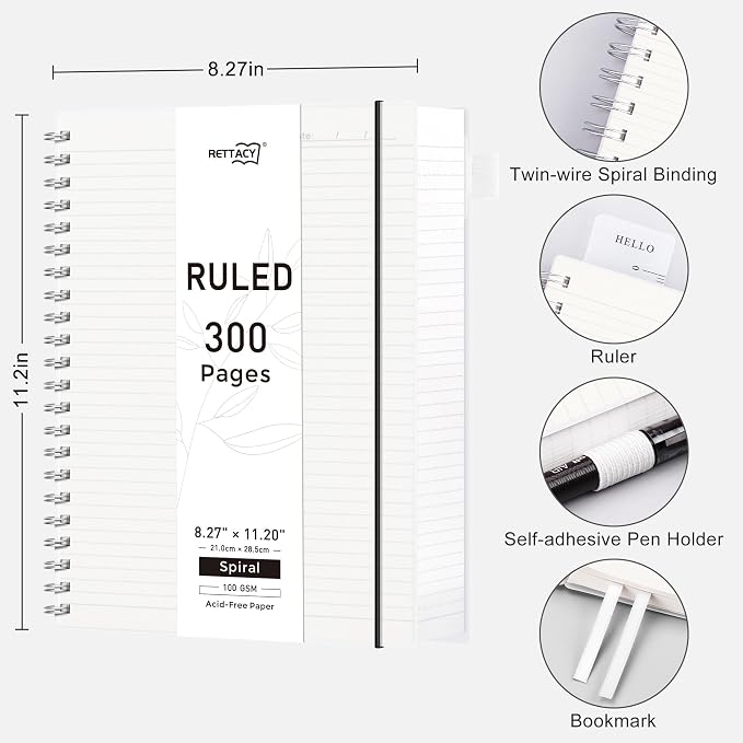 RETTACY Spiral College Ruled Notebook, 300 Pages, A4 Large Size (8.2" x 11.2"), for School, Work, Writing, Journaling, 100 GSM Thick Paper, Flexible Plastic Cover (Transparent)
