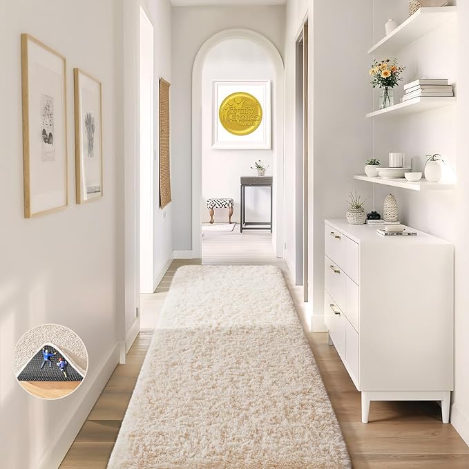 Ophanie Runner Rug for Hallway, 2x7 Washable Non-Slip Fluffy Soft Bedside Rugs, Bedroom Living Room Shaggy Carpet for Kids Girls Boys Dorm Nursery Decor Aesthetic, Ivory with Over 99 pcs Pile fibers