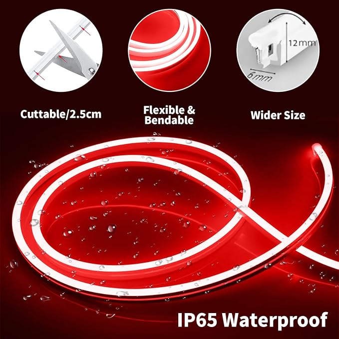 iNextStation Red Neon LED Light Strip, 16.4FT DC12V Flexible Silicone Neon Rope Lights with Touch Dimmer, IP65 Waterproof Cuttable Light Strip Kit for Gaming Room, Bedroom, Home Decor(with Plug)