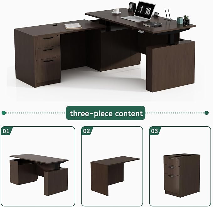 66.93'' L Shaped Executive Standing Desk with Pre-Assembled Frame & Lockable Cabinets, Height Adjustable Desk Dual-Motor Sit-Stand Workstation for Corporate & Home Office (Espresso)