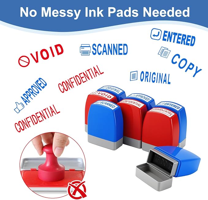 8 Pcs Office Stamps for Business, Paid Void Copy Scanned Confidential Approved Original Entered Self Inking Red Blue Rubber Stamps with Storage Tray, Account Finance Staff Supplies
