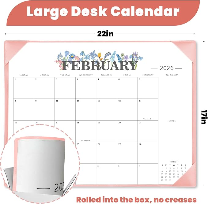 Desk Calendar 2026-2027 - 18 Month Desktop Calendars (Jan 2026–Jun 2027),Large 22x17 Monthly Calendar with Home & Office Floral Desk Pad Calendars (Pink, 22 * 17)