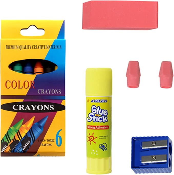 18 Piece Bulk School Supplies Kits - Pens, Pencils, Crayons, and More - Value Pack of 24 Kits - Essential Box of School Supplies for Elementary, Middle, and High School Students