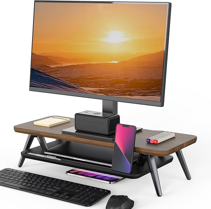 Fenge Monitor Stand Riser, Wooden Desk Shelf with 2-Tier Storage | 23.6-Inch Wide, Sturdy Aluminum Legs, Built-In Phone & Tablet Slot, Desktop Organizer for Office Accessories