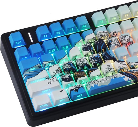 PBT Keycaps 75 Percent,Custom Cool Wave of Kanagawa Light/Sky Blue Keycaps | Tsungup Side Print 131 Keys Dye Sub Shine Through Cherry Profile Keyboard Key Caps for Mechanical Keyboard