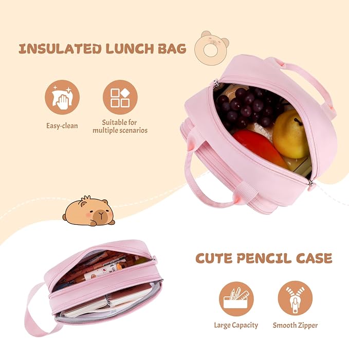 Capybara Backpack for Girls with Headphones - 4PCS Girls Backpack for Kindergarten Elementary Middle High School Travel - 3.5mm Wired Headphones Backpacks Back to School Gift(Pink)