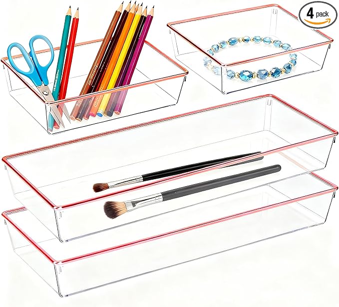 4 Pack Large Size Clear Stackable Drawer Organizer Trays, Rose Gold Rim Makeup Drawer Storage Tray Divider, Desk Storage for Makeup, Jewelry, Bathroom, Stationary, Kitchen Utensils and Office Desk