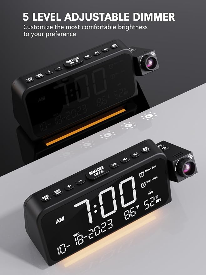 Mesqool Projection Alarm Clock Ceiling Display, with Temperature, Humidity | Dual Alarms, 5-Level Dimmer, Date, Night Light, Weekday/Weekend Mode, 12/24H, DST, , Snooze, 180° Rotatable, for Bedroom
