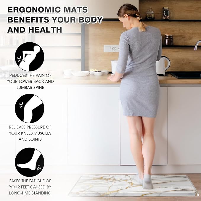 MAYHMYO Kitchen Mats Cushioned Anti Fatigue 0.47" Thick, White and Gold Marble Kitchen Rug Floor Mat, Non Slip Waterproof Modern Comfort Standing Mat for Home, Office, Sink