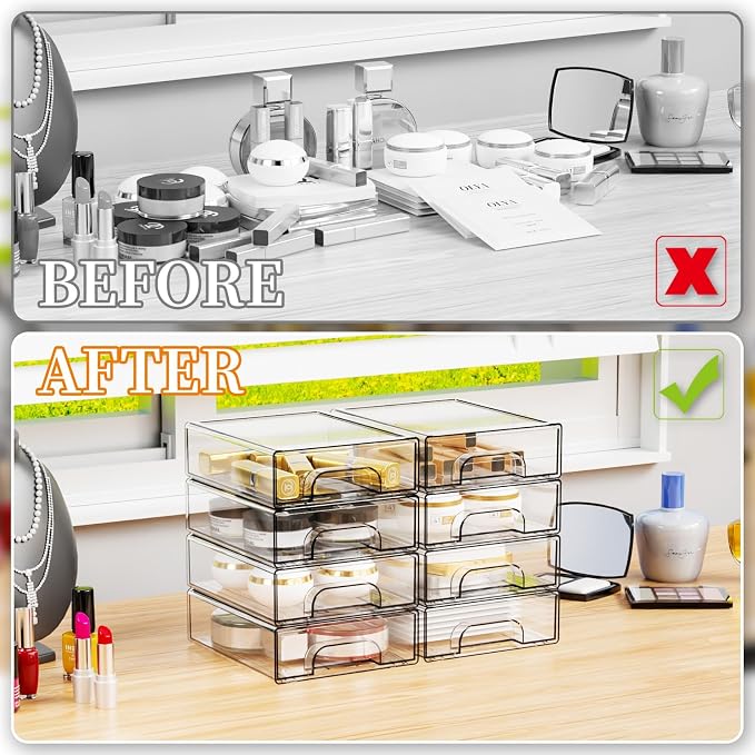 2.2'' Tall Acrylic Clear Stackable Storage Drawer Organizer,8 Pack Desk Organization and Storage,Plastic Office Supply Organizer,Drawer Storage Organizer for Makeup,Accessory,Pen,Art Crafts