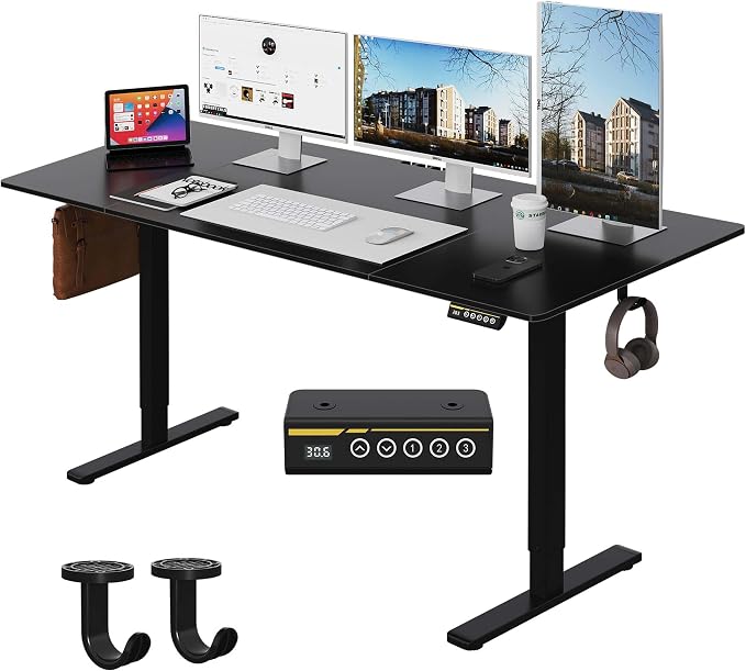 Large Electric Standing Desk,63x28 Inches Adjustable Height Stand up Desk, Sit Stand Home Office Desk, 3 Preset Heights,Equipped with Hooks,Ergonomic Computer Desk Workstation，Black