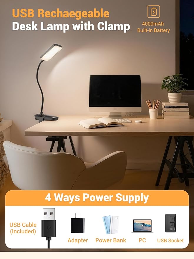 Clip on Lamp,45 Modes Dimmable LED Desk Lamp with Clamp,4000mAh Battery Rechargeable Table Lamp,450LM Cordless & Wireless Desk Light,Portable Book Reading Light,Small Desk Lamps for Home Office/Dorm
