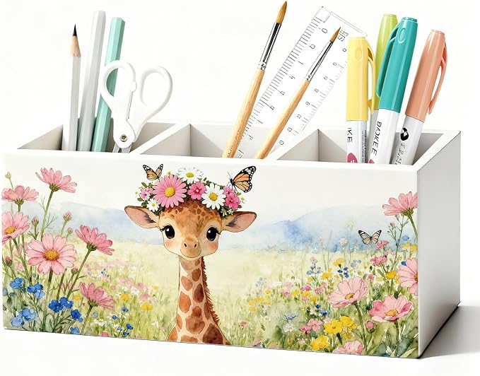 Giraffe Pen Pencil Holder for Desk Accessories, Giraffe Gifts for Women & Kids, Rustic Butterfly Flower Wild Animal Wooden Box Sign Decorations for Kids Room Home Office Desk Tabletop