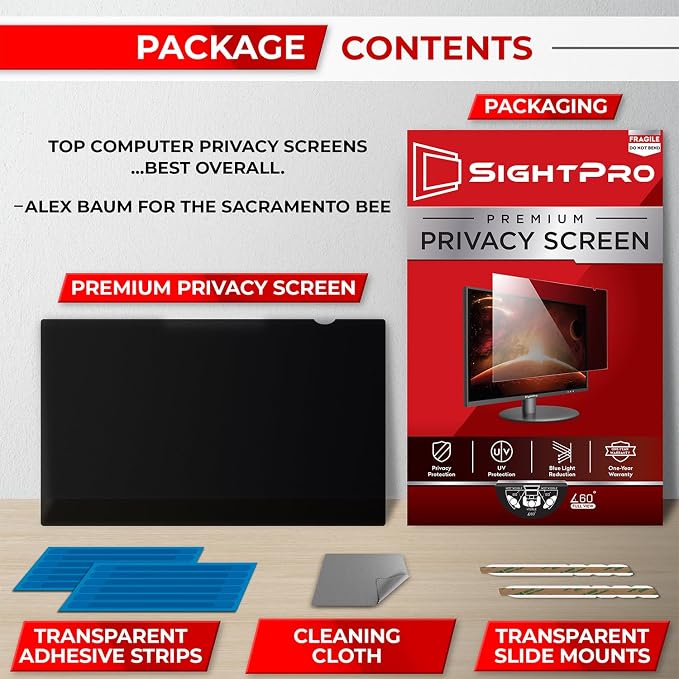 SightPro 24 Inch 16:10 Computer Privacy Screen Filter for Monitor - Privacy Shield and Anti-Glare Protector