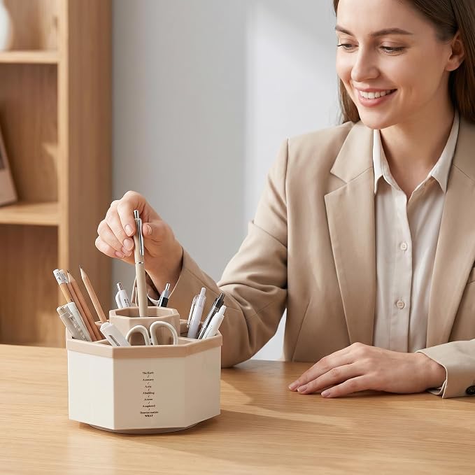 Jekelife 360 Degree Rotating Pen Holder,5-Compartment Desk Organizer,Pink | Compact 5-compartment pen organizer rotates smoothly to store writing tools, craft supplies and small desk accessories.
