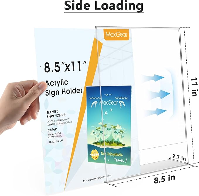 MaxGear Acrylic Sign Holder 8.5 X 11, Plastic Paper Holder With Vertical Slanted Back, Picture Photo Frames Display Stand Flyer and Document Organizer for Office Desktop Use, 30 Pack