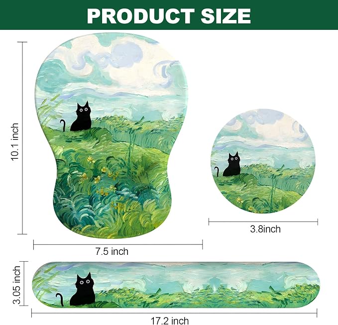 Ergonomic Mouse Pad with Wrist Rest and Keyboard Wrist Rest, Gel Mousepad and Wrist Rest for Computer Keyboard, Pain Relief, Non-Slip PU Base, Mouse Pad with Wrist Support for Gaming, Office, Cat