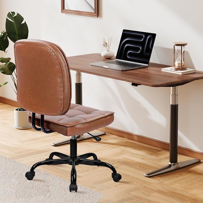 CLATINA Home Office Chair No Arms with Wheels, Armless Small Leather Ergonomic Low Back Desk Chairs Adjustable Height 360° Swivel Rolling Computer Task Chair for Work Conference Room, Brown, 8 Pack