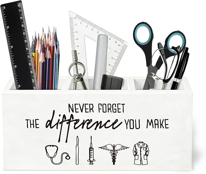 Motivational Doctor Nurse Wooden Pen Holder for Desk, Never Forget the Difference You Make Inspirational Pencil Organizer Wooden Box Sign for Medical Nursing Office Home Decoration