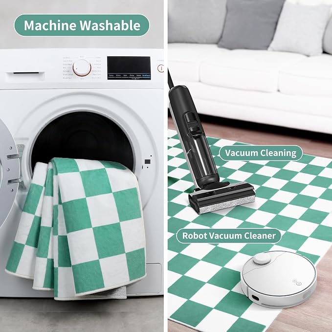 Terrug Green and White Checkered Rug for Living Room,5x7 Area Rugs Washable with Non Slip for Bedroom,Soft Low Pile Stain Resistance Retro Carpet for Dorm Kids Room