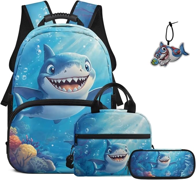 ZFRXIGN Cute Shark Backpack for Boys 4-6 6-8 Bookbag with Cute Pendant 17inch Kindergarten School Girls Bag and Insulated Lunch Box Portable Pencil Case Ocean