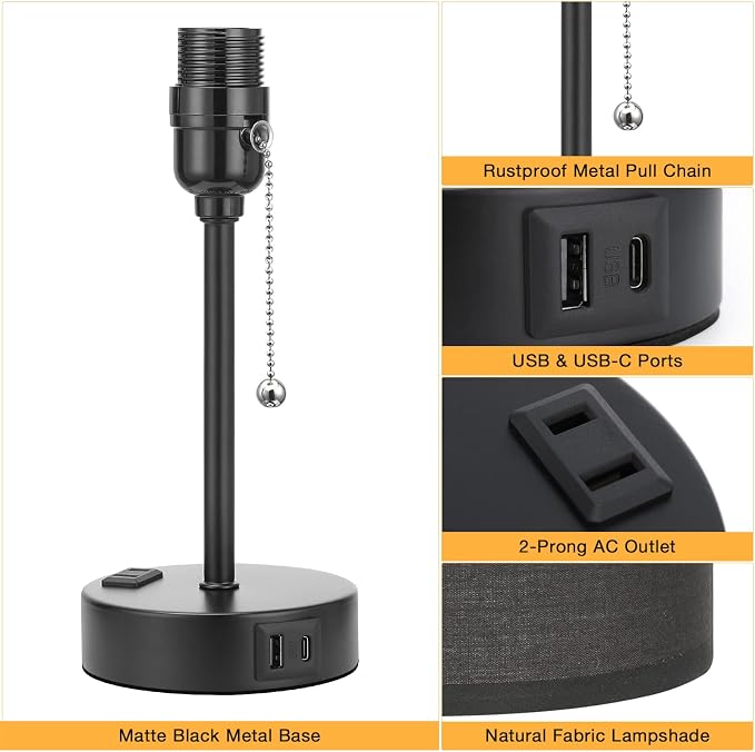 Dicoool Black Bedroom Lamp 3 Color Temperatures - Small Bedside Lamps with USB C and A Ports, Pull Chain Table Lamps with AC Outlet, Black Nightstand Light for Kids Sleeping