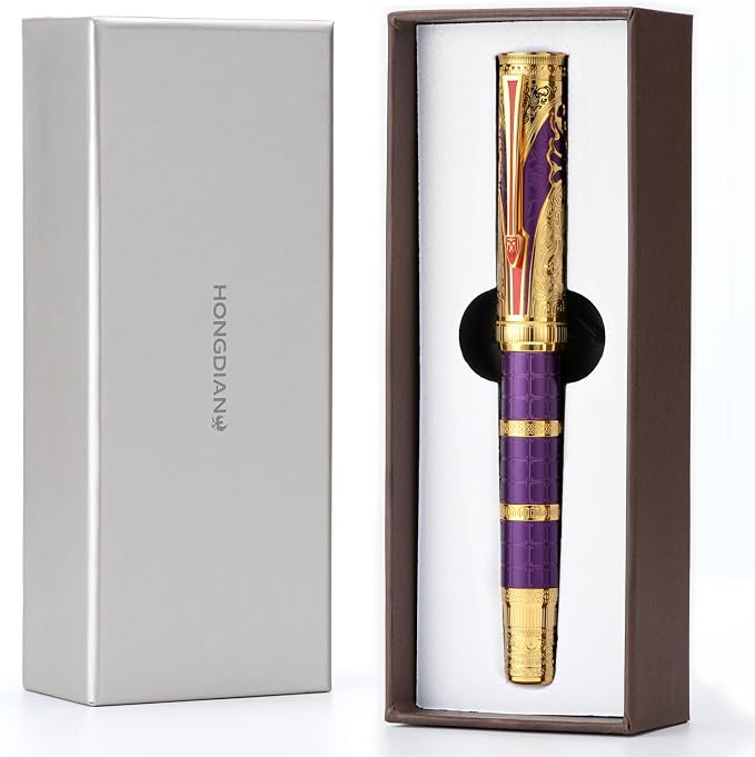 HONG DIAN D5 Qin Dynasty Fountain Pen Purple Gold, Fine Nib Piston Filling Pen, Retro Chinese Totem Engraving Smooth Writing Pen with Pen Box Set