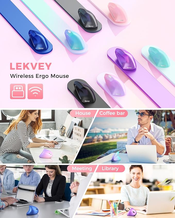 Lekvey Ergonomic Mouse, Vertical Wireless Mouse, Rechargeable 2.4 GHz USB Optical Carpal Tunnel Mice : 800/1200 / 1600 DPI, 6 Buttons, for Laptop, PC, Mac, Computer, Desktop, Notebook etc, Pink