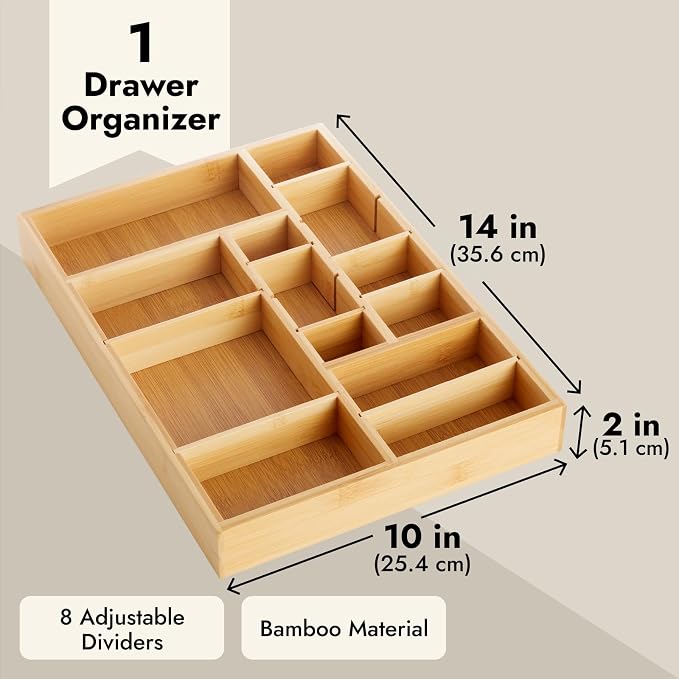 Juvale Drawer Organizer Tray - 8-Slot Drawer Divider for Utensils - Versatile Silverware Holder - Desk Tray for Office Supplies - 14 x 10 x 2 in, Brown, Bamboo