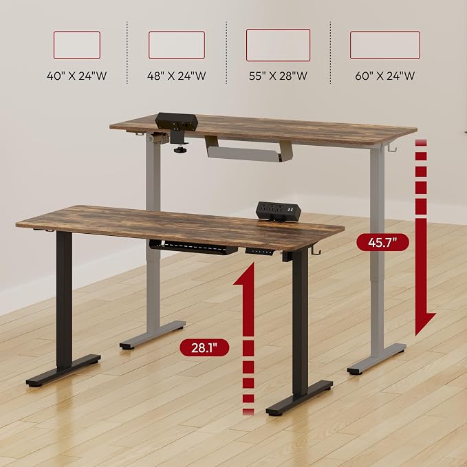 SANODESK Electric Standing Desk with Desk Clamp Power Strip 48"x 24" Whole-Piece Desktop Height Adjustable Stand Up Desk with Cable Management Sit Stand Home Office Desk Silver Frame/Rustic Brown Top