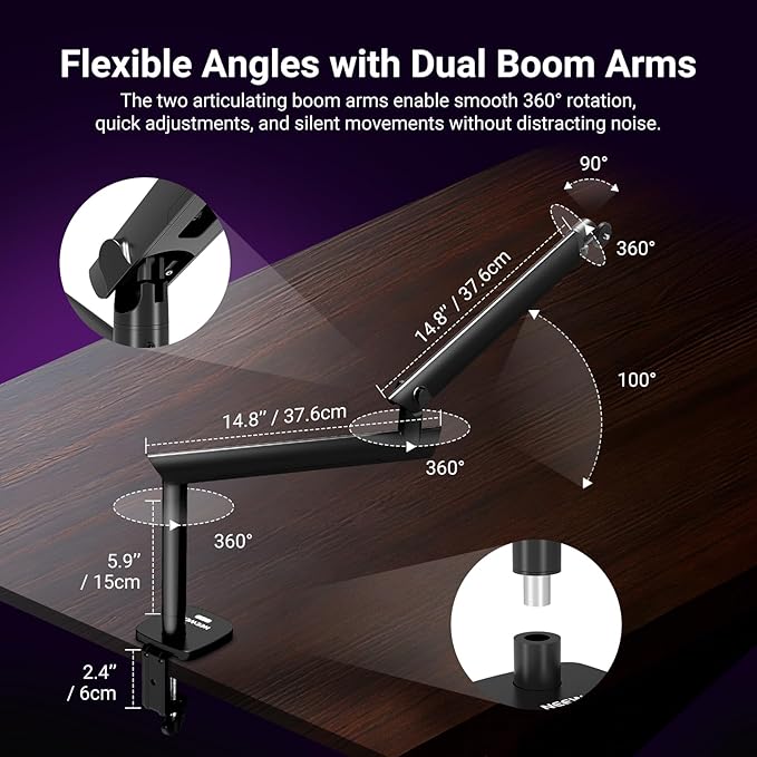 NEEWER Low Profile Mic Boom Arm Desk Mount, Microphone Boom Arm with 360° Ball Head & Cable Management Channels, 1/4" 3/8" 5/8" Threads for Podcast Streaming Gaming Recording, Max Load 3.3 lb, MS007