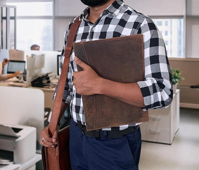 Leather A4 Conference Folder | Professional Organizer for Men and Women | Handmade Durable Leather Portfolio with Sleeves for Documents and Notepad by Rustic Town (Brown)