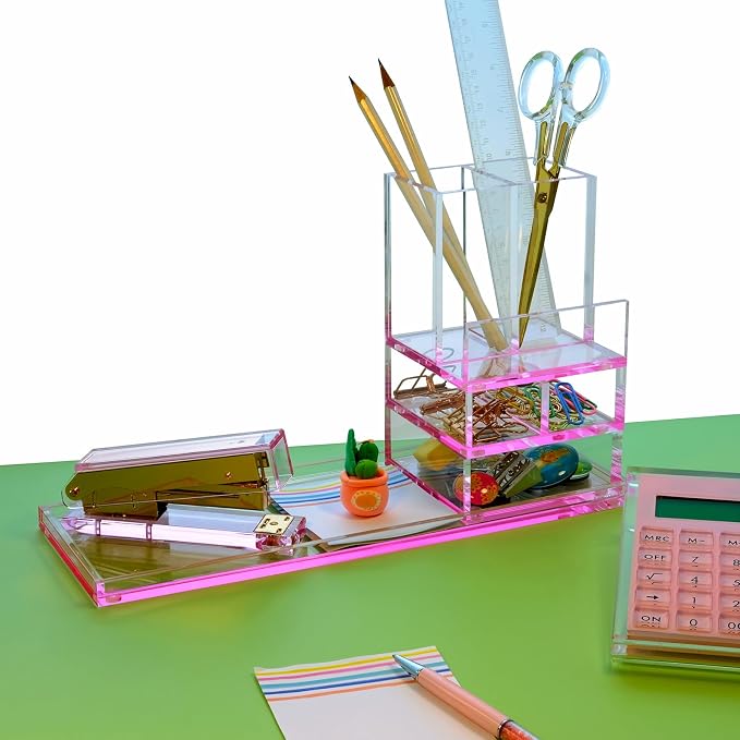 Acrylic Desk Organizer 4-Piece Desk Kit + Free Complimentary Acrylic Ruler, Desktop Organization for Office or Home，Rose Red