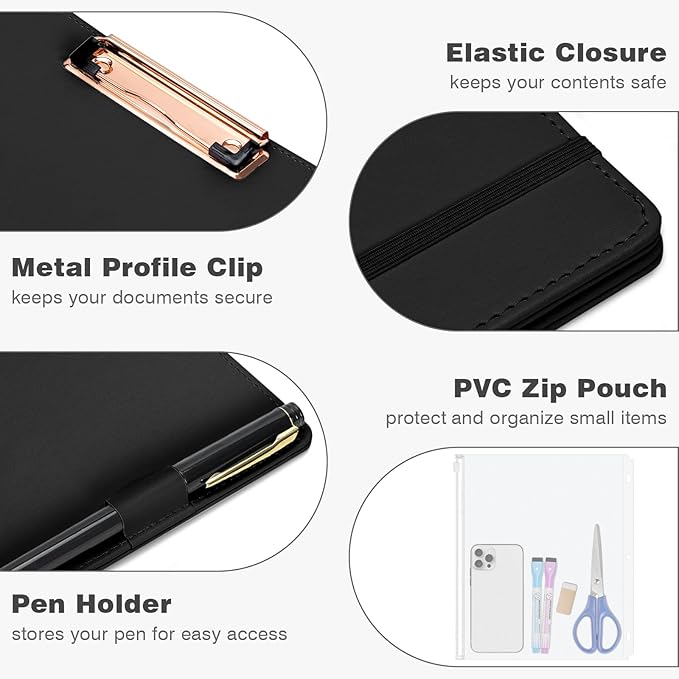 Eyrozill Professional Leather Binder Portfolio with Clipboard, Zipper Pouch, 5 Sheets Plastic Dividers，Leather 3 Ring Binder 8.5 x 11, 1-inch Round Rings, Professional Binder Organizer, Black
