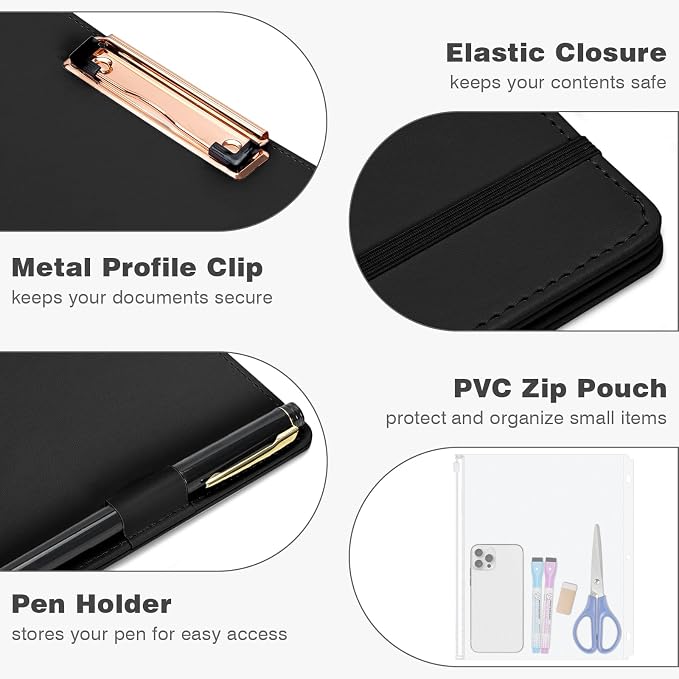 Eyrozill Professional Leather Portfolio with Clipboard, Zipper Pouch, 5 Sheets Plastic Dividers，Leather 3 Ring Binder 8.5 x 11, 2-inch Round Rings, Black