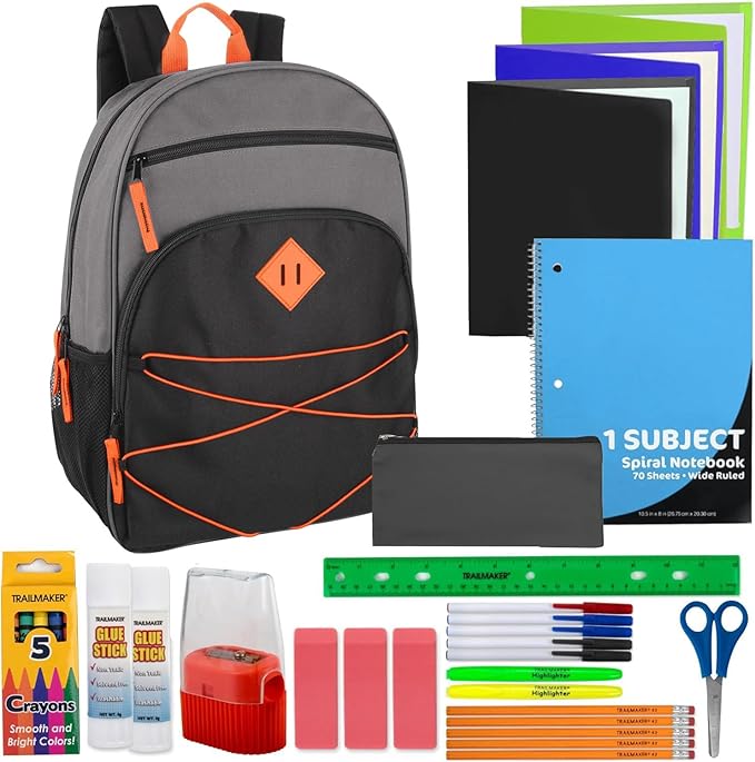 Trail maker Kids Backpacks with School Supplies for Boys, Girls, 30 Piece Back to School Supplies Set with 17" Bungee Backpack
