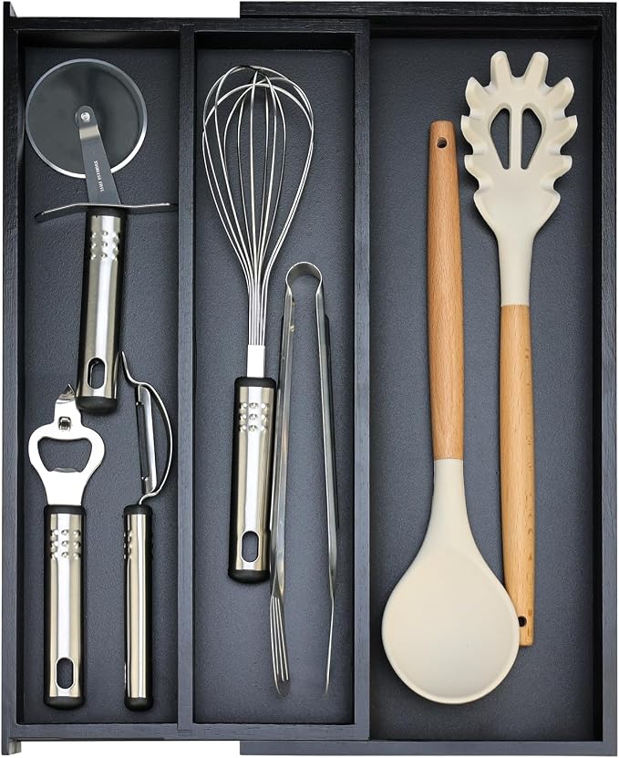 Expandable Black Bamboo Kitchen Utensils Drawer Organizer Silverware Tray | Large Cooking Utensil Tray Drawer Divider Insert Big Spatula Cutlery Holder Knife Spoon Flatware Wood Kitchen Tool Organizer