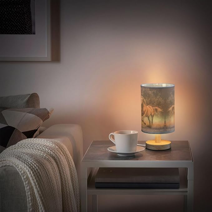 Table Lamp Horse Running in Woodland Nightstand Lamp with Wood Base Fabric Lamp Shade Bedside Desk Lamp for Living Room Bedroom Kids Room Office