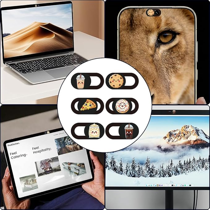 6Pcs 6 Styles Food Theme Camera Cover Slide Sticker 0.04 Inch Privacy Guard Accessories, Computer Camera Cover Cute Protector Blocker for Desktop Loptop Tablet Notebook Mini PC Office Use