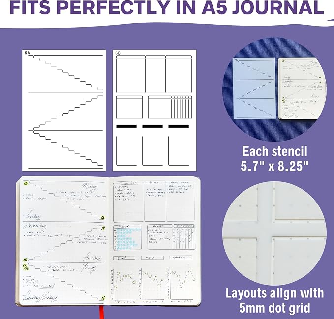 Speedy Spreads Journal Stencils (Weekly Layouts #2) - x6 Stencils for A5 Bullet Dot Grid Journal Notebook, Save Time on Full-Page Layouts, DIY Planner Templates for Productivity by Sunny Streak