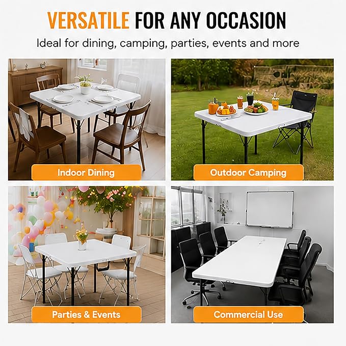 36" Square Folding Table 2 Pack, Portable Card Table with Built-in Handle, Heavy Duty Foldable Table No Assembly, for Camping, Picnic, BBQ, Party, Indoor Outdoor Use, White