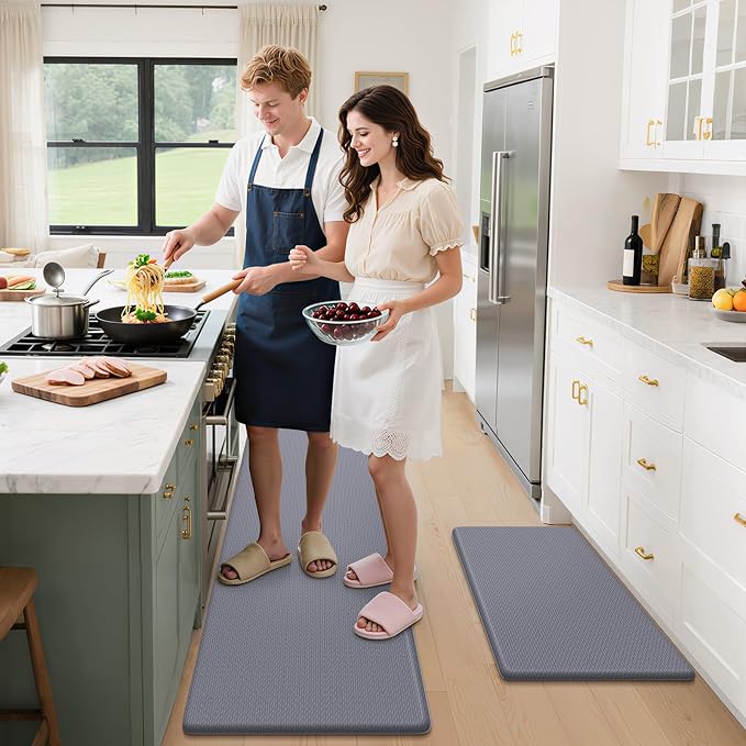 StepLively Kitchen Mat, 2 PCS Kitchen Rugs, Cushioned Kitchen Mats for Floor, Anti Fatigue Kitchen Rug Set, Non-Skid Standing Mat for Kitchen, Office, Sink, 17.3"×30"+17.3"×59", Grey