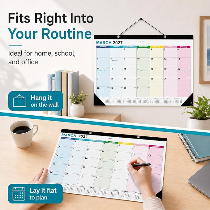 Desk Calendar 2026-2027 - Ougesi 19 Month Desk Top Calendar June 2026 - Dec 2027,17x12 Academic Desk Calendar with Thick Paper, Large Blocks for Home & Office Colorful Version