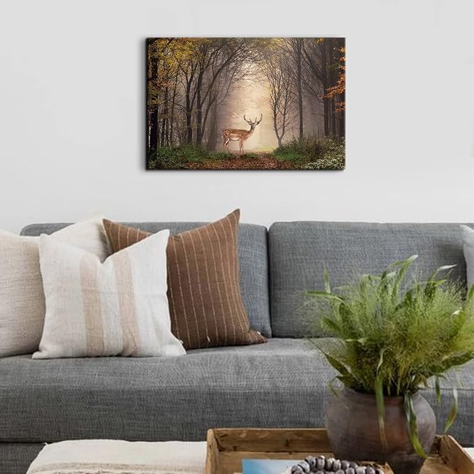 Wild Animal Landscape Canvas Wall Art Deer in Autumn Foggy Forest Picture Wall Decor Elk Wildlife Scenery Photo Prints Painting Decoration for Modern Living Room Bedroom Bathroom Home Art 16x24 Inch