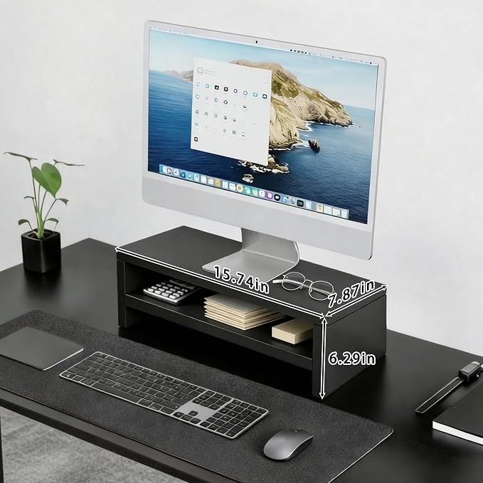 Wooden Monitor Stand Riser, 2-Tier Desk Shelf with Storage Organizer, Ergonomic Computer Stand, Storage Organizer for Laptop, Computer, Black, 15.7 Inch